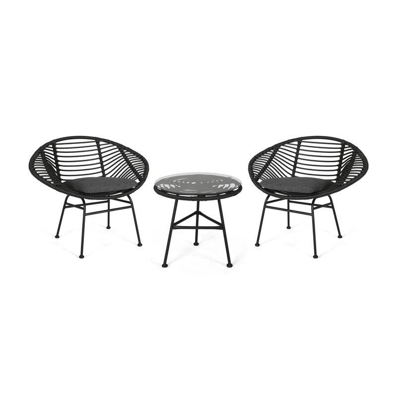 Meridian Outdoor 2 Seater Faux Wicker Chat Set with Tempered Glass Table by Christopher Knight Home - Gray+ Dark Gray+ Black