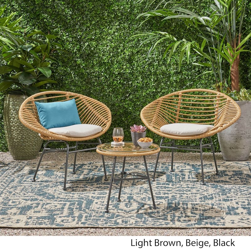 Meridian Outdoor 2 Seater Faux Wicker Chat Set with Tempered Glass Table by Christopher Knight Home