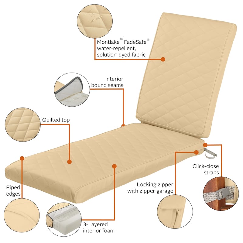 Classic Accessories Montlake® FadeSafe® Rectangle Chaise Seat Quilted Lounge Cushion, 80"L x 26"W x 3"H