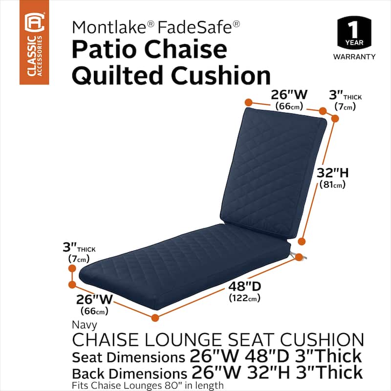 Classic Accessories Montlake® FadeSafe® Rectangle Chaise Seat Quilted Lounge Cushion, 80"L x 26"W x 3"H