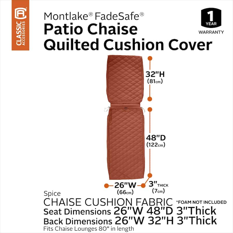 Classic Accessories Montlake® FadeSafe® Rectangle Chaise Seat Quilted Lounge Cushion Cover, Spice - 80"L x 26"W x 3"H