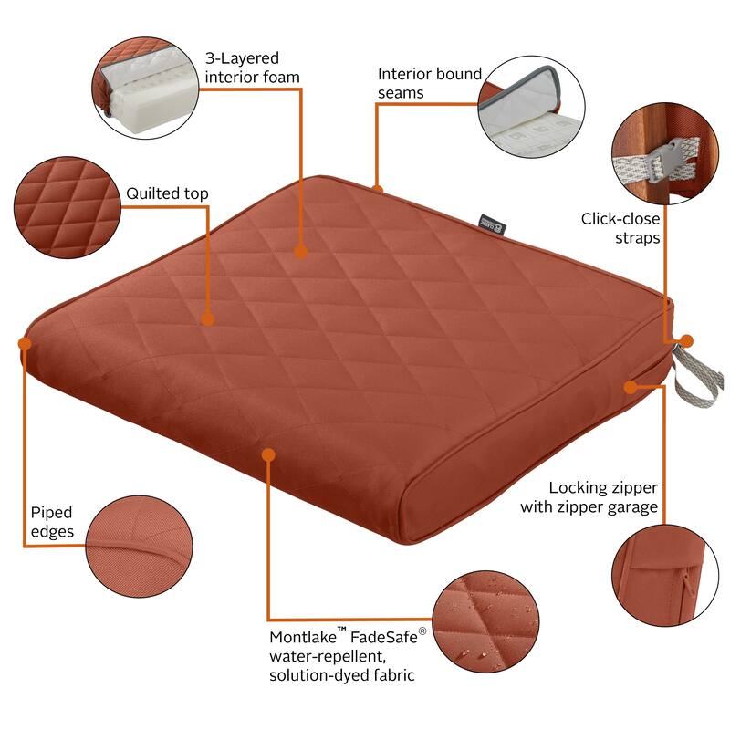 Classic Accessories Montlake Water-Resistant 21 x 19 x 3 Inch Patio Quilted Seat Cushion, Chamomile