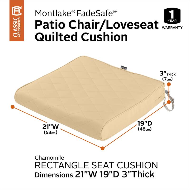 Classic Accessories Montlake Water-Resistant 21 x 19 x 3 Inch Patio Quilted Seat Cushion, Chamomile - Chamomile
