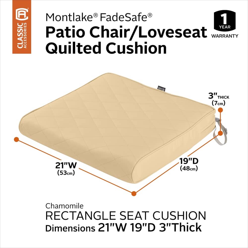 Classic Accessories Montlake Water-Resistant 21 x 19 x 3 Inch Patio Quilted Seat Cushion, Chamomile