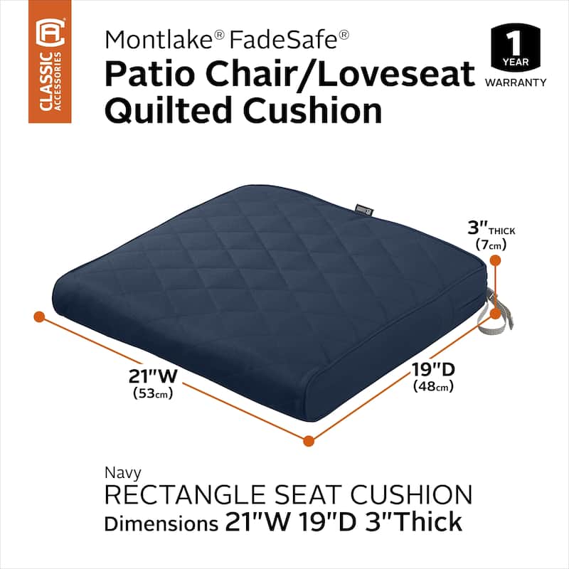 Classic Accessories Montlake Water-Resistant 21 x 19 x 3 Inch Patio Quilted Seat Cushion, Chamomile - Navy