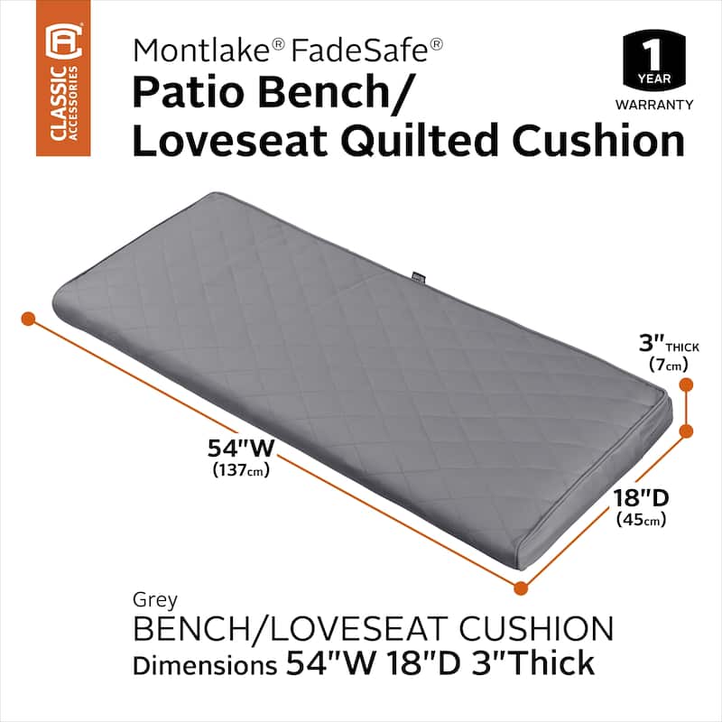 Classic Accessories Montlake® FadeSafe® Rectangle Settee/Bench Seat Quilted Cushion Lounge Cushion, 54"W x 18"D x 3"H