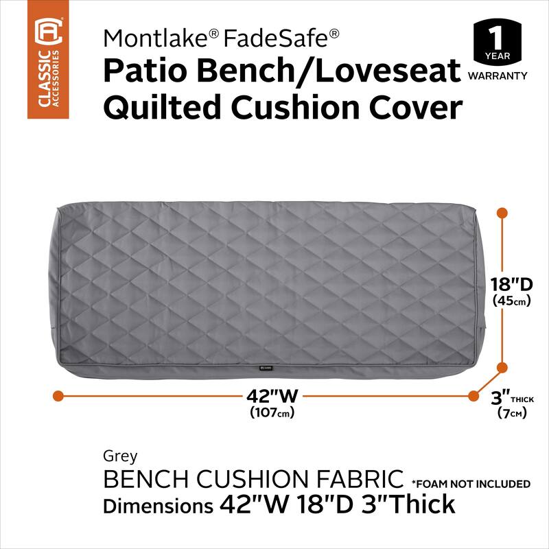Classic Accessories Montlake Water-Resistant 42 x 18 x 3 Inch Patio Bench/Settee Quilted Cushion Cover, Grey