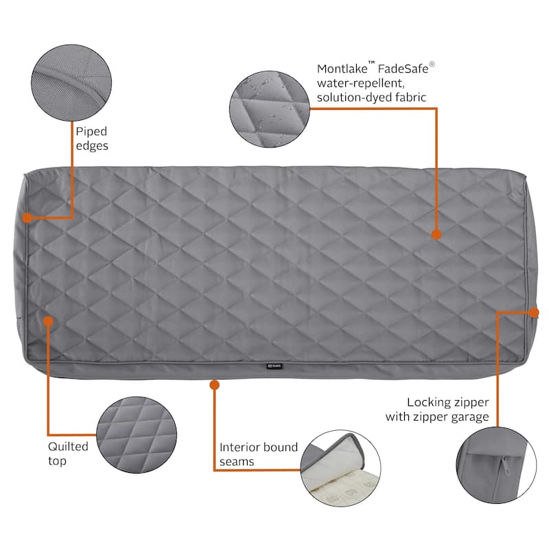 Classic Accessories Montlake Water-Resistant 42 x 18 x 3 Inch Patio Bench/Settee Quilted Cushion Cover, Grey
