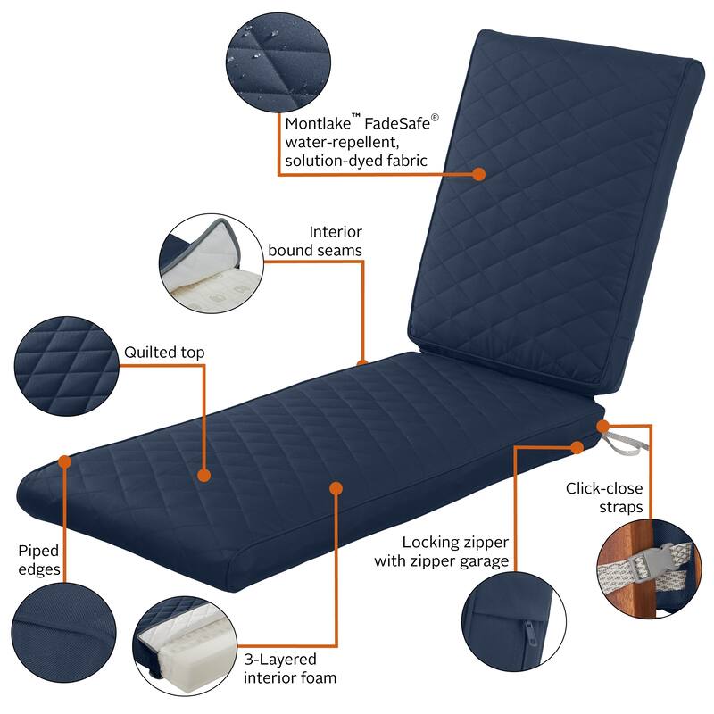 Classic Accessories Montlake® FadeSafe® Rectangle Chaise Seat Quilted Lounge Cushion, 72"L x 21"W x 3"H