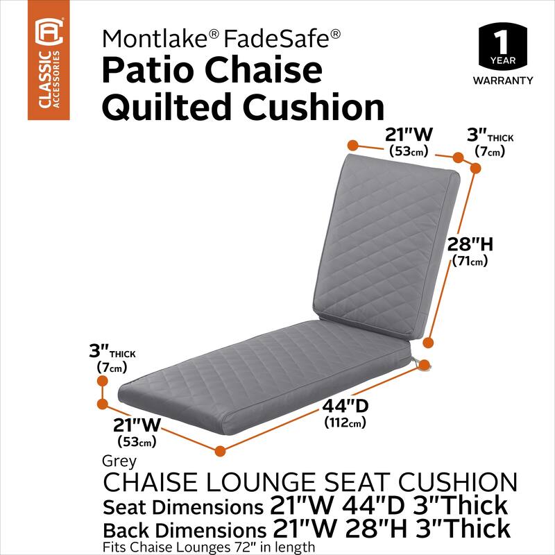 Classic Accessories Montlake® FadeSafe® Rectangle Chaise Seat Quilted Lounge Cushion, 72"L x 21"W x 3"H - Grey