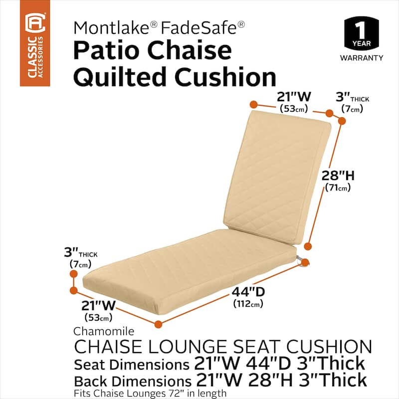 Classic Accessories Montlake® FadeSafe® Rectangle Chaise Seat Quilted Lounge Cushion, 72"L x 21"W x 3"H