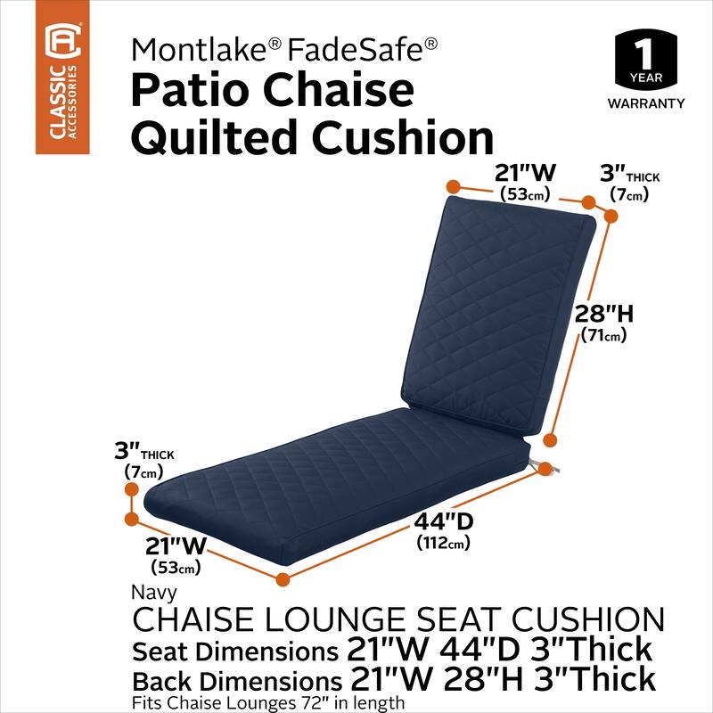 Classic Accessories Montlake® FadeSafe® Rectangle Chaise Seat Quilted Lounge Cushion, 72"L x 21"W x 3"H