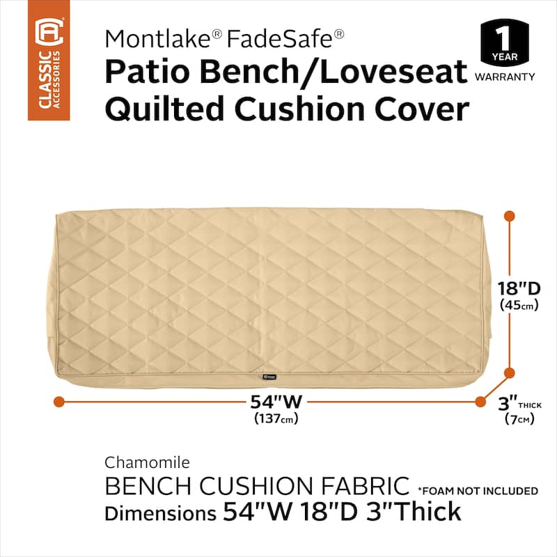 Classic Accessories Montlake Water-Resistant 42 x 18 x 3 Inch Patio Bench/Settee Quilted Cushion Cover, Chamomile - 54"W x 18"D x 3"H