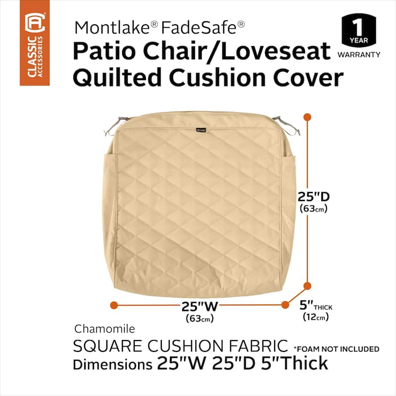 Classic Accessories Montlake Water-Resistant 25 x 25 x 5 Inch Patio Quilted Seat Cushion, Chamomile - 25"W x 25"D x 5"H