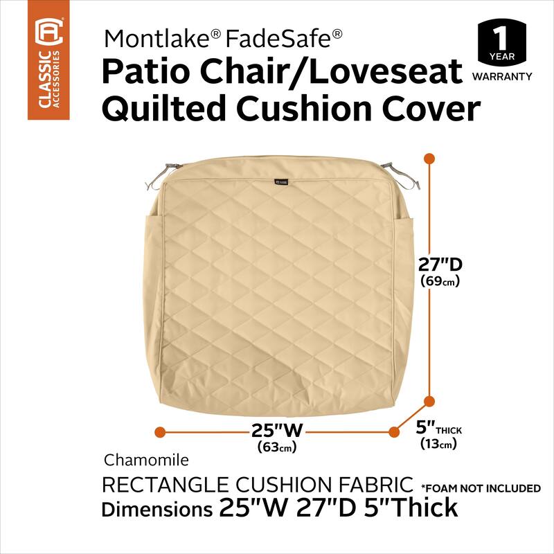 Classic Accessories Montlake Water-Resistant 25 x 25 x 5 Inch Patio Quilted Seat Cushion, Chamomile - 25"W x 27"D x 5"H