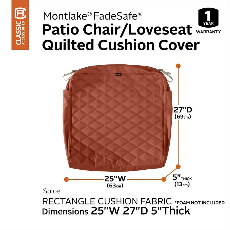 Classic Accessories Montlake Water-Resistant 25 x 25 x 5 Inch Patio Quilted Seat Cushion, Spice
