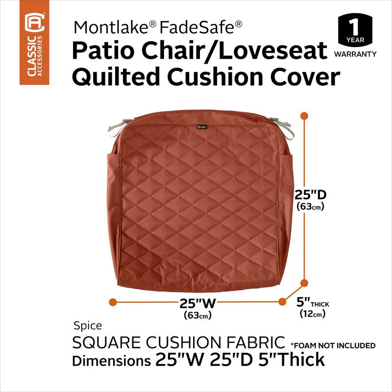 Classic Accessories Montlake Water-Resistant 25 x 25 x 5 Inch Patio Quilted Seat Cushion, Spice - 25"W x 25"D x 5"H