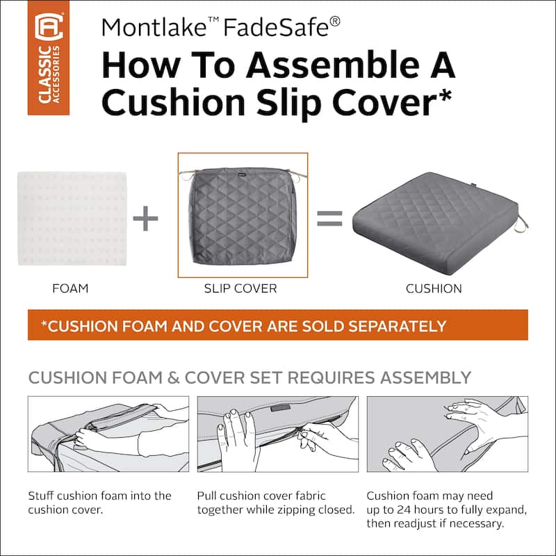 Classic Accessories Montlake Water-Resistant 21 x 19 x 3 Inch Patio Quilted Seat Cushion Cover, Grey