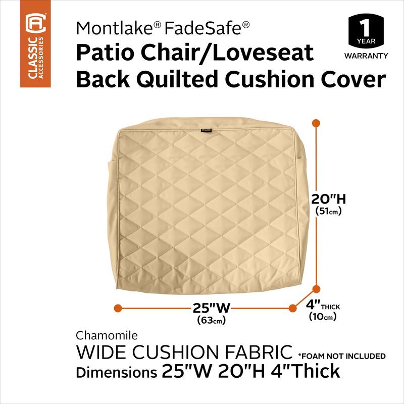 Classic Accessories Montlake Water-Resistant 21 x 20 x 4 Inch Wide Back Lounge Quilted Cushion Cover, Chamomile - 25"W x 22"H x 4"D