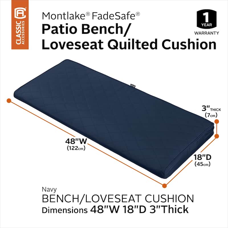 Classic Accessories Montlake® FadeSafe® Rectangle Settee/Bench Seat Quilted Cushion Lounge Cushion - 48"W x 18"D x 3"H - Navy