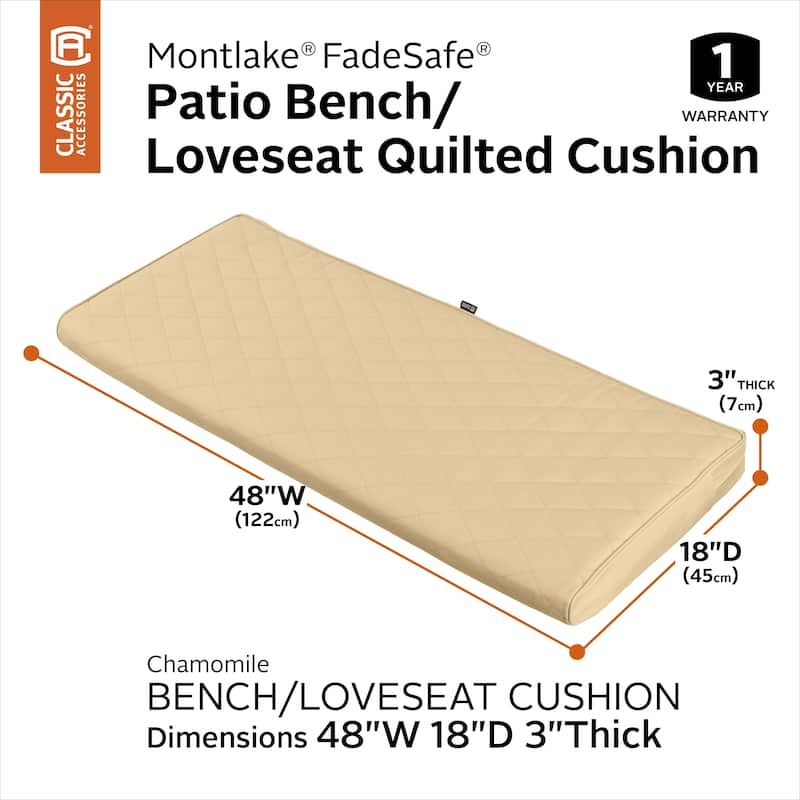 Classic Accessories Montlake® FadeSafe® Rectangle Settee/Bench Seat Quilted Cushion Lounge Cushion - 48"W x 18"D x 3"H - Chamomile