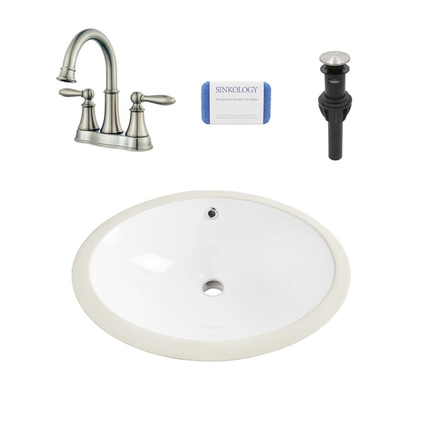 Louis Oval Undermount Vitreous China Bathroom Sink in White and Courant Brushed Nickel Faucet Kit