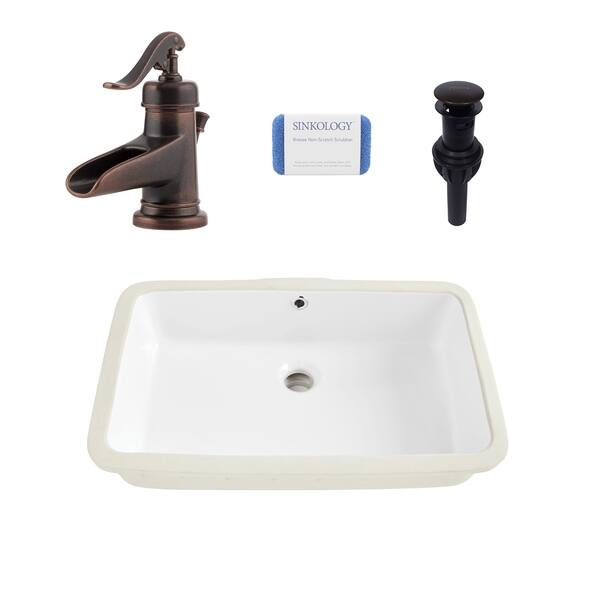 Carder Rectangle Undermount Vitreous China Bathroom Sink in White and Ashfield Faucet Kit