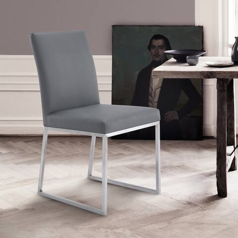 Armen Living Trevor Contemporary Dining Chair in Brushed Stainless Steel and Grey Faux Leather - Set of 2