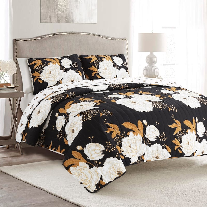 Lush Decor Zinnia Floral 3 Piece Quilt Set - Black & Gold - King
