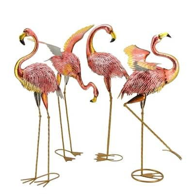 Set of 4 Metallic Iron Pink Flamingos