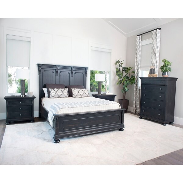 Abbyson Hendrick Distressed Black Wood 4 Piece Bedroom Set