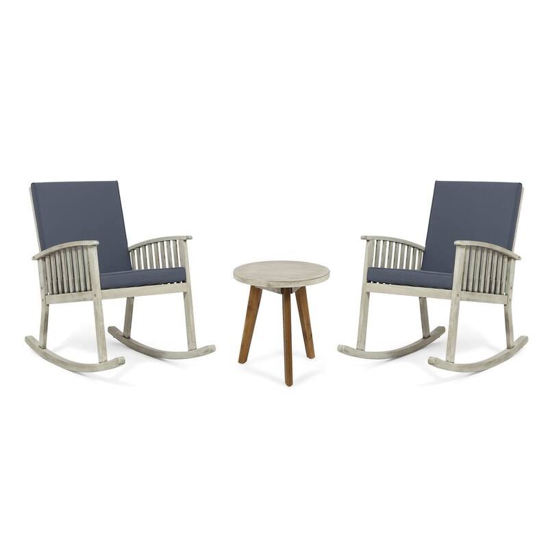 Alametos Outdoor 2 Seater Acacia Wood Rocking Chairs and Side Table Set by Christopher Knight Home - Light Gray+ Gray+ Dark Gray
