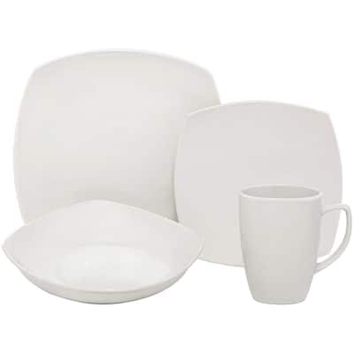 Melange 16-Pcs Square Porcelain Dinnerware Set (White), Service for 4, (16 Each)