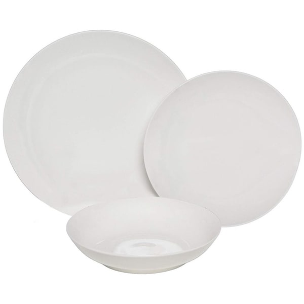 Melange Coupe 18-Pcs Porcelain Dinnerware Set (White), Service for 6,Dinner Plate, Salad Plate, Soup Bowl (6 Each)