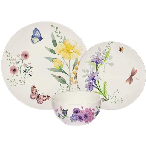 Melange 18-Pcs Place Setting Premium Porcelain Dinnerware Set (Butterfly Garden Collection), Service for 6, (6 Each)