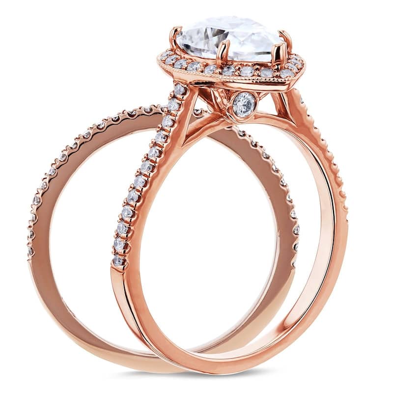 Annello by Kobelli 14k Gold 2 3/5ct TGW Charles and Colvard Forever One Pear Moissanite and Round Diamond Halo Bridal Rings Set