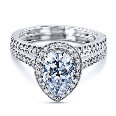 Annello by Kobelli 14k Gold 2 3/5ct TGW Charles and Colvard Forever One Pear Moissanite and Round Diamond Halo Bridal Rings Set