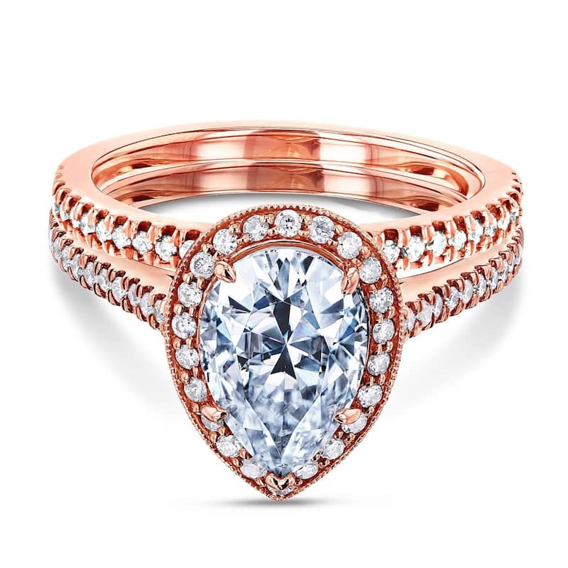 Annello by Kobelli 14k Gold 2 3/5ct TGW Charles and Colvard Forever One Pear Moissanite and Round Diamond Halo Bridal Rings Set