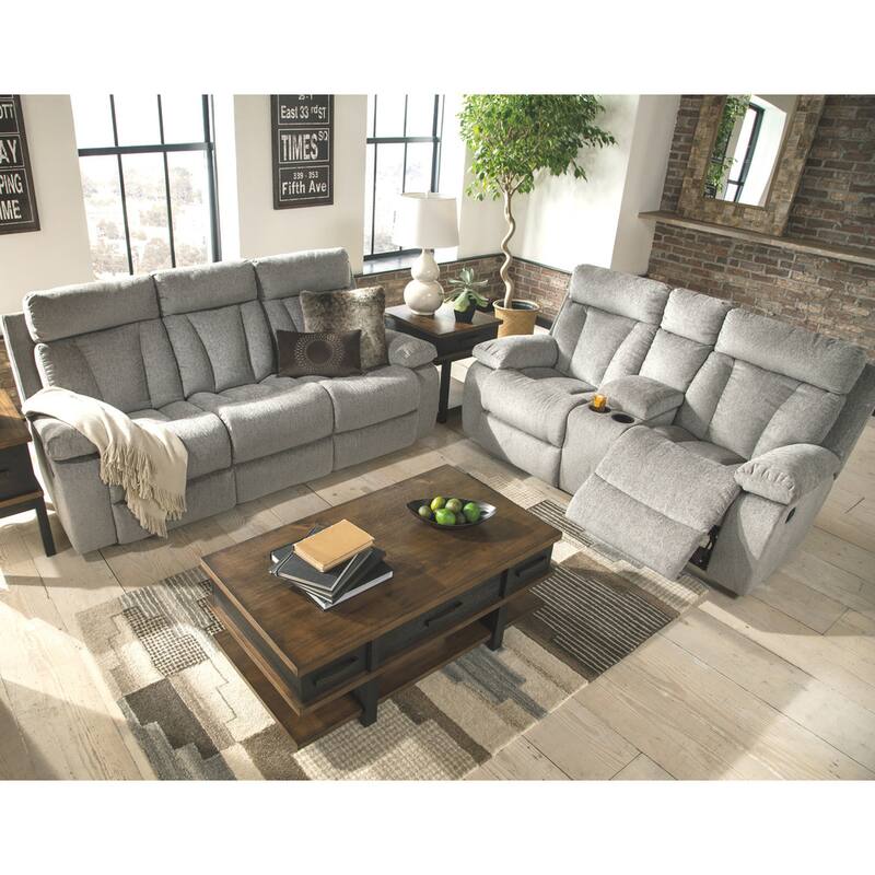Mitchiner Gray Contemporary Reclining Sofa with Drop Down Table
