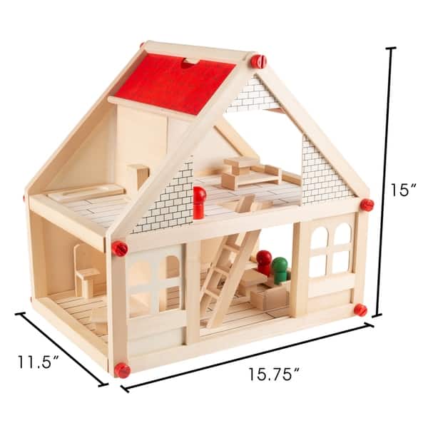 Dollhouse for Kids- Classic Pretend Play 2 Story Wood Playset with Furniture Accessories and Dolls by Hey! Play!