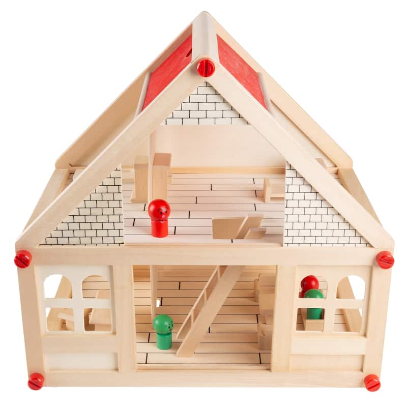 Dollhouse for Kids- Classic Pretend Play 2 Story Wood Playset with Furniture Accessories and Dolls by Hey! Play!