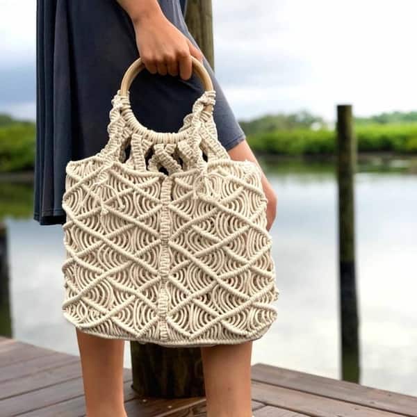 Handmade Macrame Bag with Wooden Handles,cotton thread,Eco Friendly,Stylish and fashionable,Handbag,Crossbody Bag,Macrame Clutch Purse