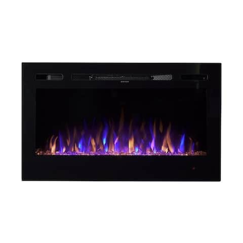 Black Metal/Glass 36-inch Crystal Flame Effect LED Wall Mounted or Recessed Electric Fireplace