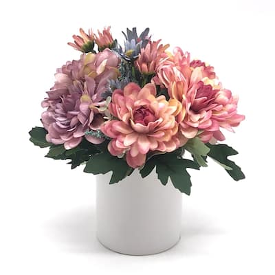 Enova Home Artificial Pink and Purple Fake Silk Daisy and Mixed Flowers Arrangement in White Ceramic Vase for Home Decoration