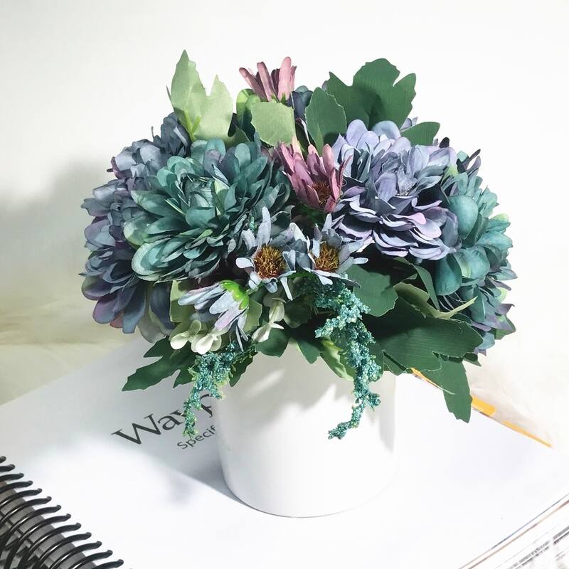 Enova Home Artificial Blue Silk Daisy and Mixed Fake Flowers Arrangement in White Ceramic Vase for Home Office Decoration