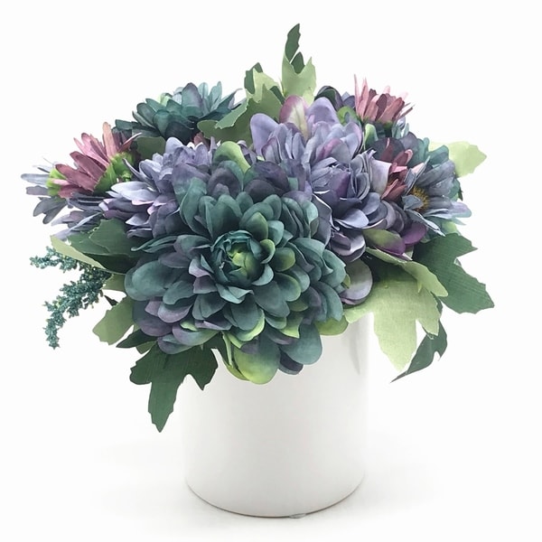 ARTIFICIAL BLUE AND WHITE FLOWERS ARRANGEMENT IN MIRROR CUBE VASE 10CM 