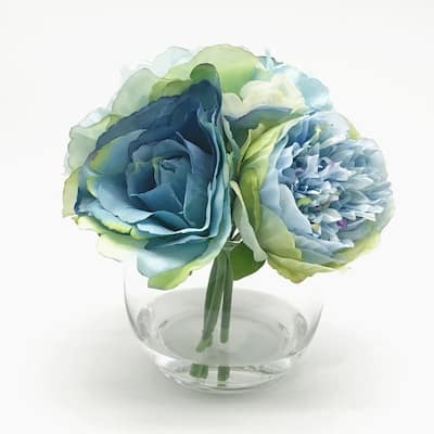 Enova Home Artificial Mixed Fake Silk Open Rose and Peony Flowers Arrangement in Clear Glass Vase with Faux Water