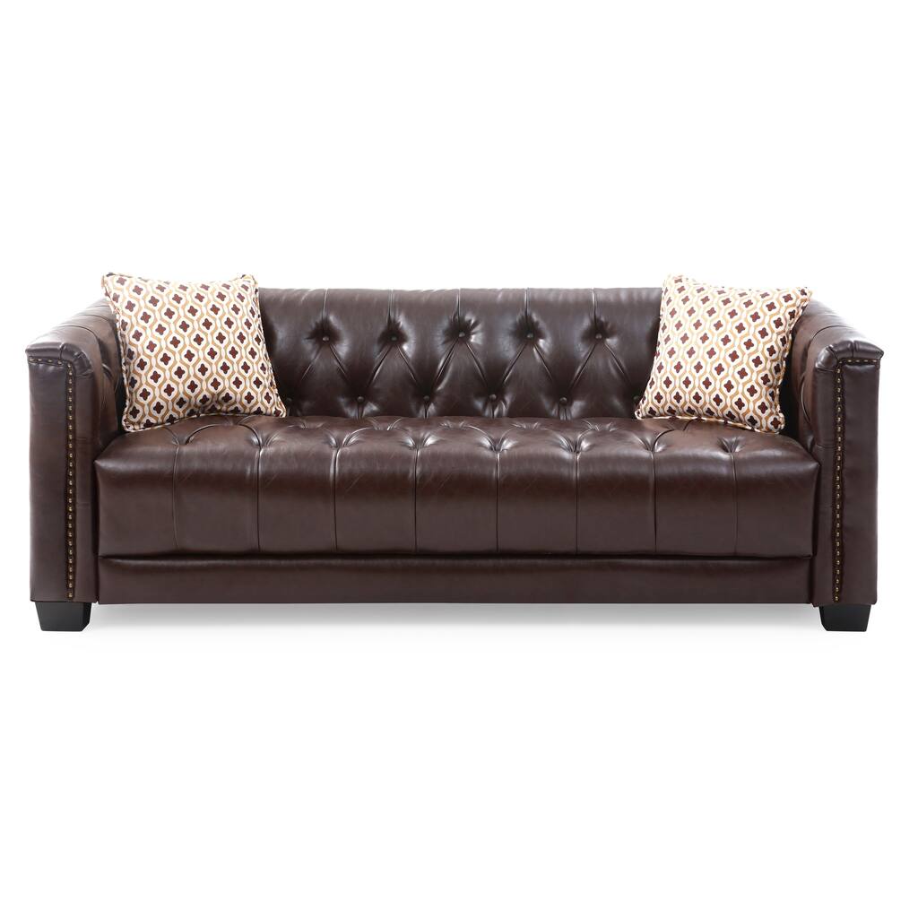 LYKE Home Nailhead Trim Faux Leather Brown Sofa