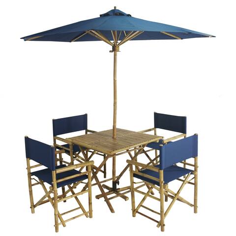 Bamboo Patio Set With 4 White Director Chairs + 1 Square Table With Matching Umbrella