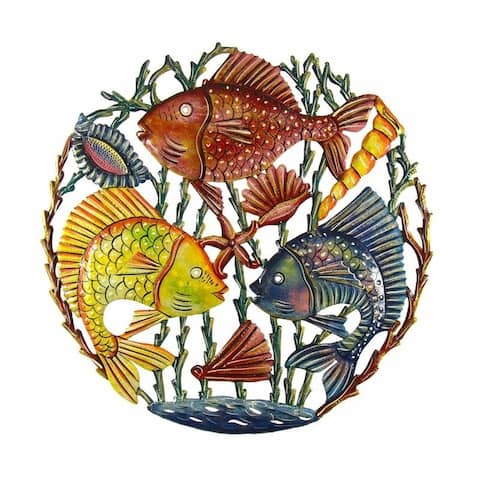 Handmade Trio of Fish Painted Drum Art -21 inch
